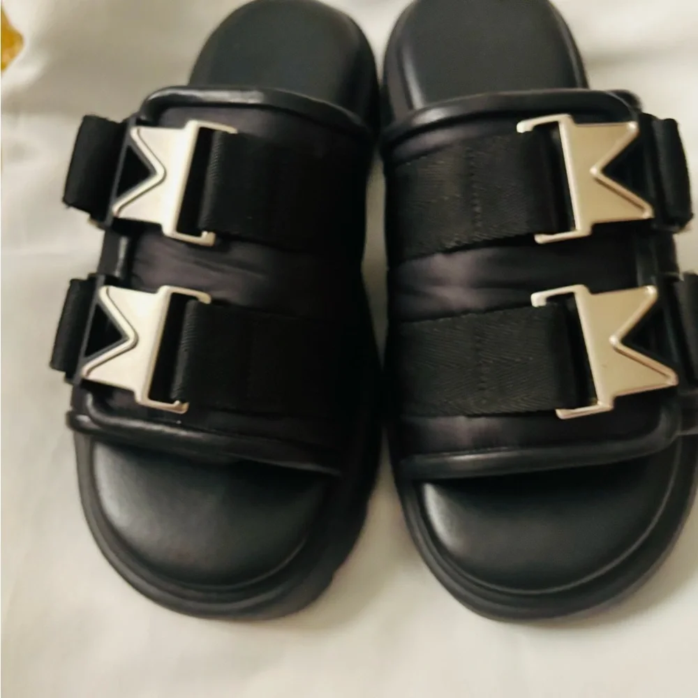 Bottega Veneta Black Leather Dual-Strap Slide Sandals with Silver Buckles
